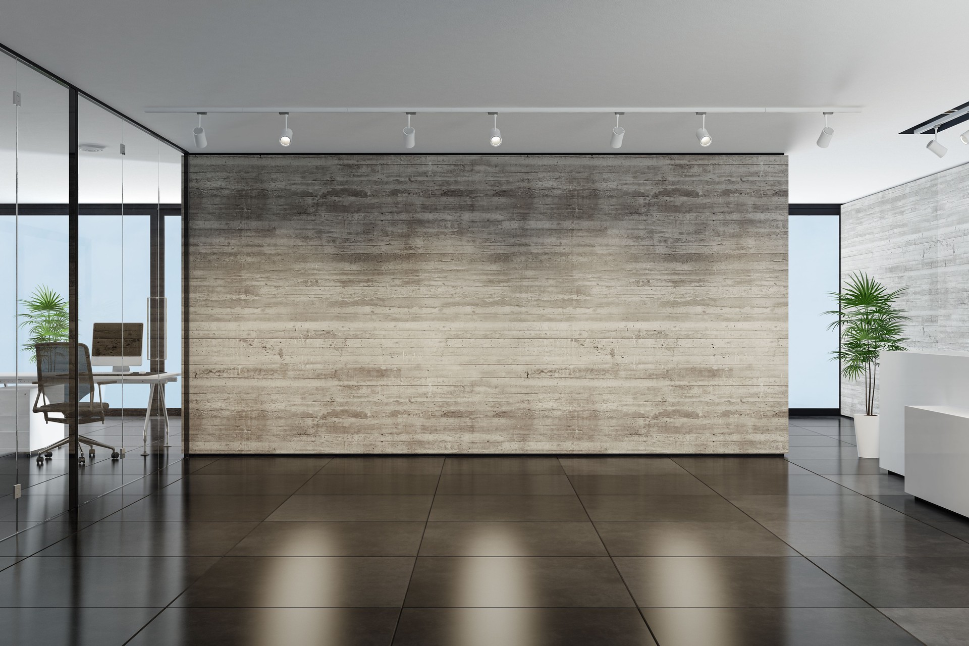 Modern office interior reception area with big desk